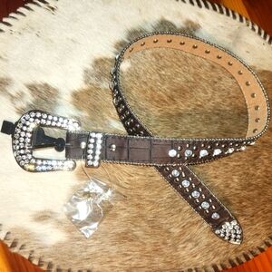 CB Brown Rhinestone Studded Leathet Belt. Sz 22" or 26", 1 & 1/2" Wide. 26" Sold